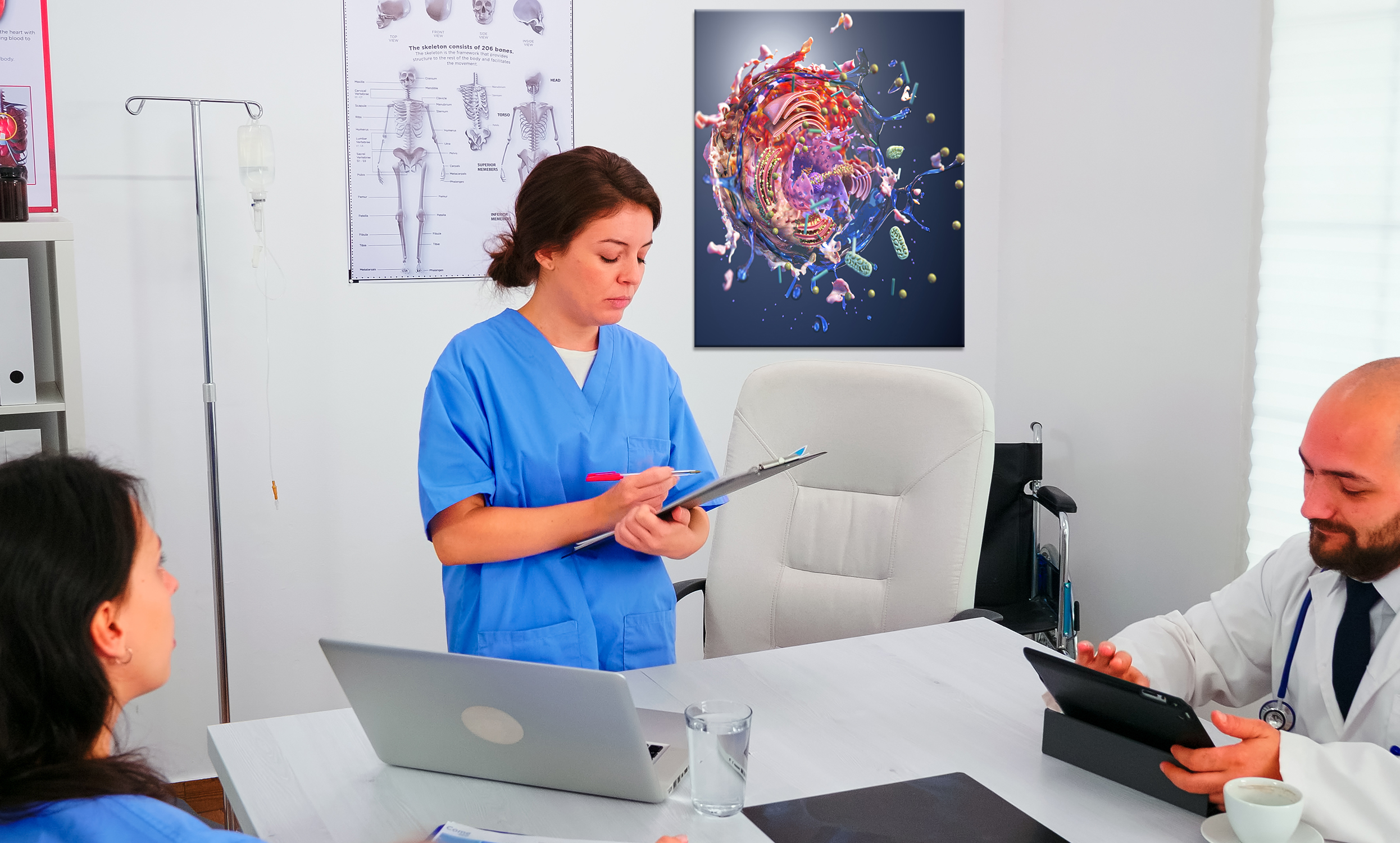 Group of doctors sitting at desk working together in medical office