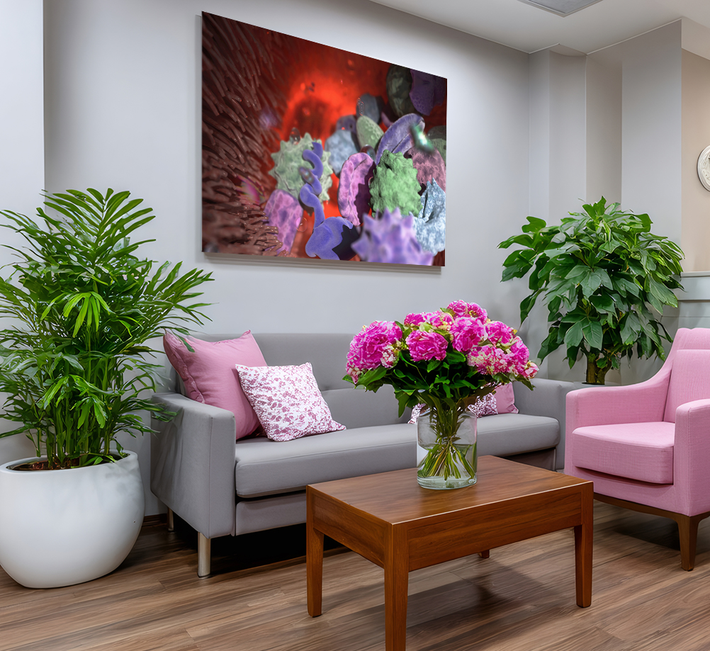 Modern waiting room interior with comfortable chairs and plants