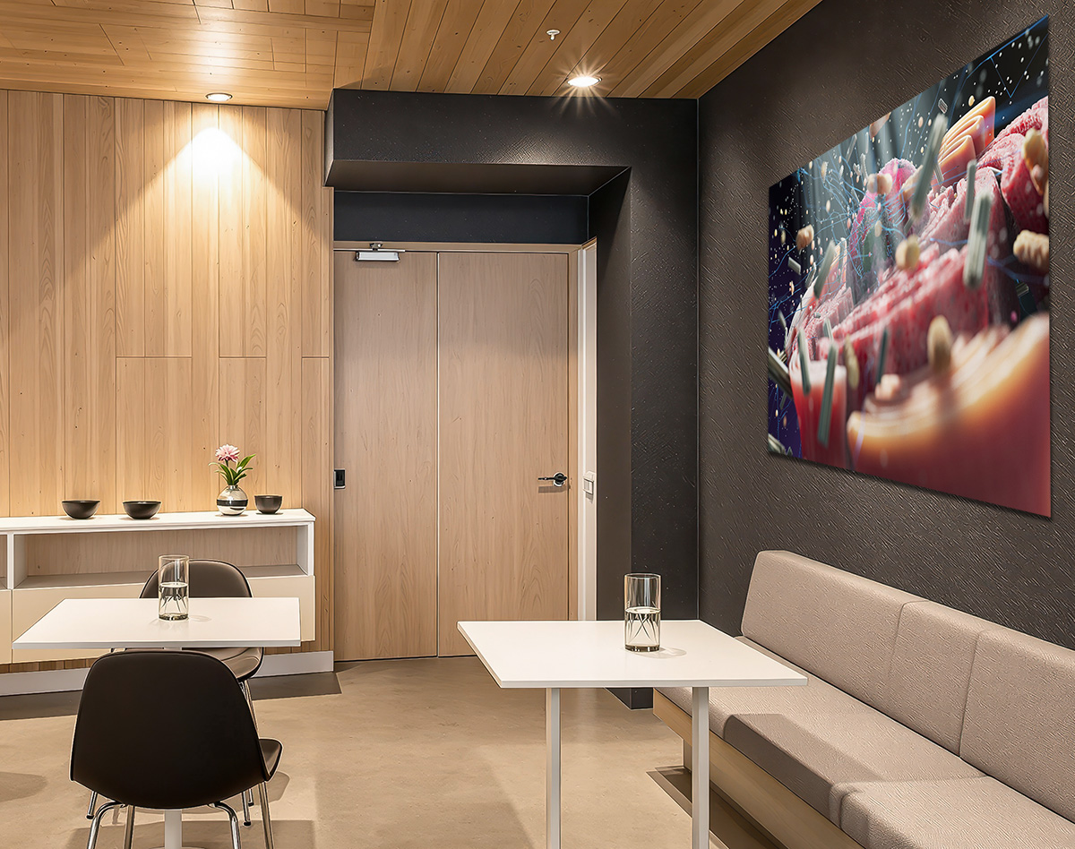 modern minimalist waiting area with light wood paneling and neutral tones