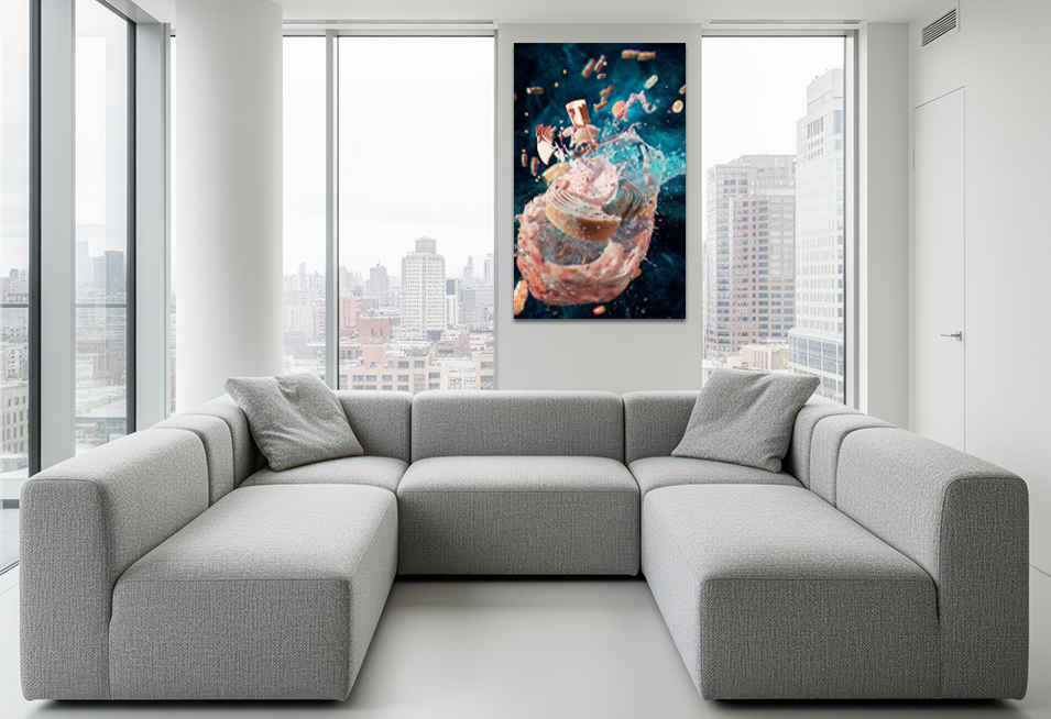 Bright minimalist penthouse living room with grey sectional sofa and city skyline view